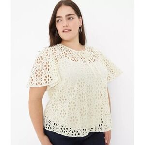 Lane Bryant Notch Neck Sheer Eyelet Top 16 Flutter Sleeve Floral Coastal Resort